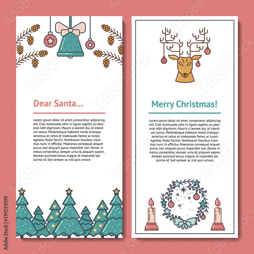 Paper Design Template for Santa or Christmas mail. Letterhead with Copy Space for Text and illustrations of Bell, Pine Cone, Christmas Tree, Deer, Wreath and Candle. For greetings and invitations