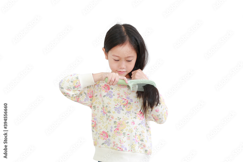 Portrait asian little girl combing long hair on white. Hair care concept Portrait asian little girl combing long hair on white. Hair care concept