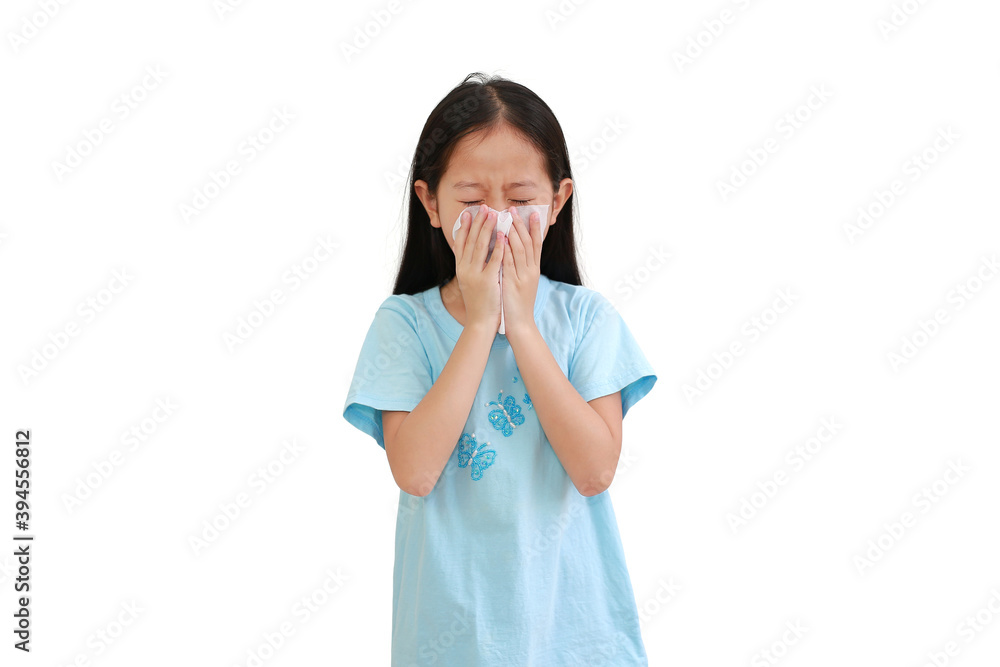 Portrait of asian little kid girl sick and sneeze with tissue paper on white background Portrait of asian little kid girl sick and sneeze with tissue paper on white background