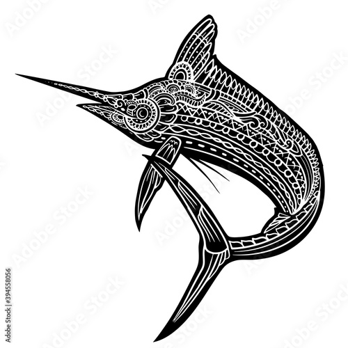 Hand drawn of Marlin fish zentangle arts . vector illustration