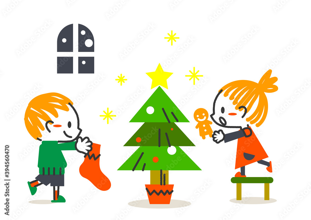 Naklejka premium 楽しくクリスマスツリーを飾る子供たちのヨーロッパ風イライラスト素材