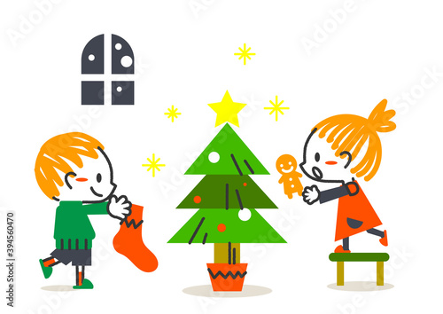 楽しくクリスマスツリーを飾る子供たちのヨーロッパ風イライラスト素材