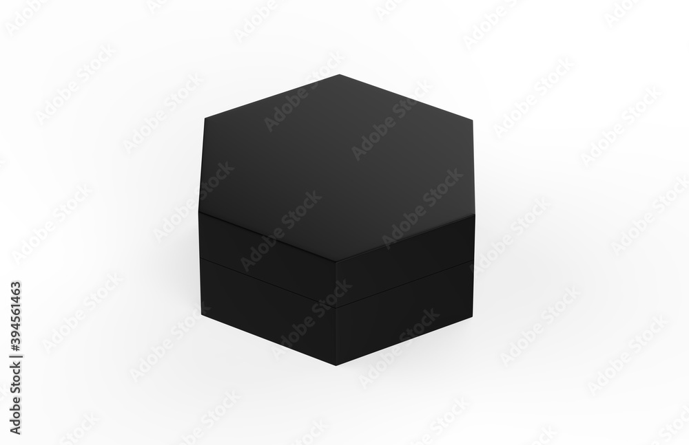 Blank black cardboard hexagon packaging box mockup template on isolated white background, 3d illustration Blank black cardboard hexagon packaging box mockup template on isolated white background, 3d illustration