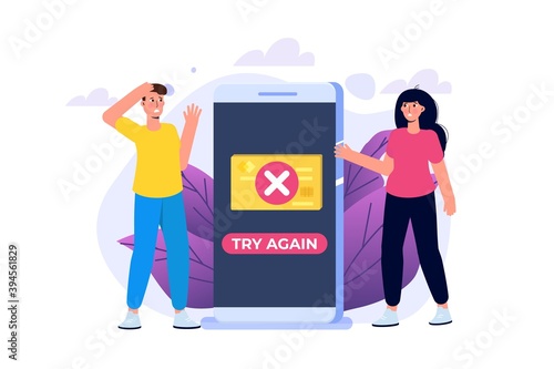 Payment error info message on smartphone.  Customer cross marks failure. Vector illustration.
