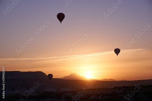 Hot air balloons at sunset in Cappadocia, Turkey