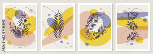 Posters with geometric shapes, tropical plants and leaves, pastel color combinations with sunbeams, summertime party design wall art, vector illustration