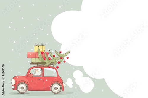 Santa hurries to bring gifts in red car. Christmas card. Vector illustration with empty space.