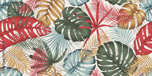Seamless pattern with colorful leaves, branches and various plants from the tropics and jungle on a light background, composition in trendy contemporary collage style