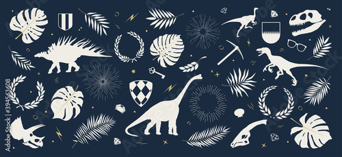 Collection of dinosaur silhouettes, shields, tropical leaves and plants, sun rays and wreaths, other decorative elements, composition from vector illustrations on a dark background