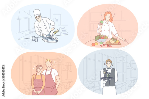 Restaurant worker, cook, chef, waiter, barista concept. Young positive men and women restaurant workers in uniform and aprons cooking, serving food and drinks, waiting for guests during working day