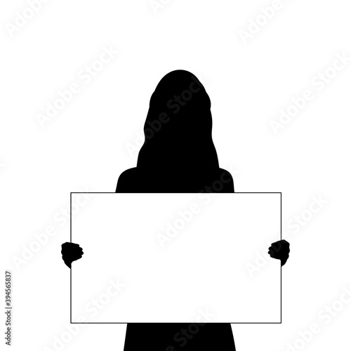 Silhouette woman holds banner placard blank white sheet for text space closeup