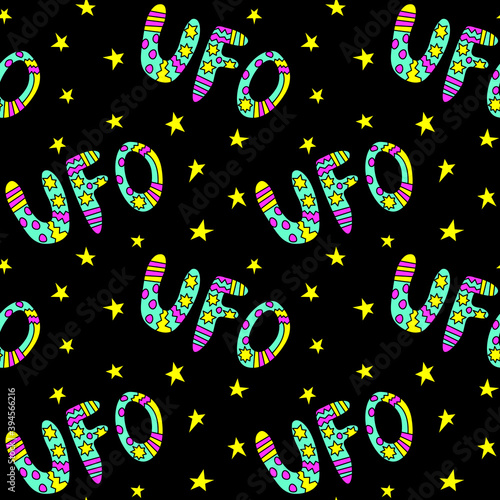 Vector color seamless pattern with the word UFO. Background and texture on the theme of space, UFOlogy, flying saucers, conspiracy