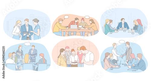 Teamwork, brainstorming, negotiations, meeting, business partners concept. Business people office workers discussing projects and startups together, having brainstorming, making agreement 