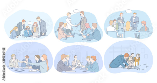 Teamwork, brainstorming, negotiations, agreement, deal, presentation concept. Business people office workers discussing projects together, having brainstorming, making presentation for partners 