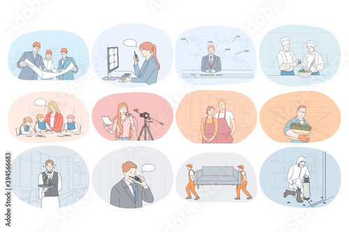 Professions, occupation, work, job, specialists, labor, business concept. People engineer operator presenter journalist cook nanny waiter farmer security guard loader manager during work