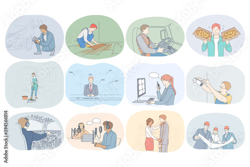 Professions, occupation, work, job, specialists, labor, business concept. People professional designer repairman worker driver courier cleaner presenter journalist operator pilot dressmaker engineer