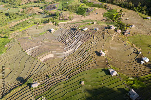 Aerial top view of paddy rice terraces  green agricultural fields in countryside