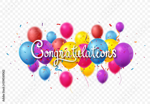 Congratulations sign letters banner with colorful confetti and balloon	