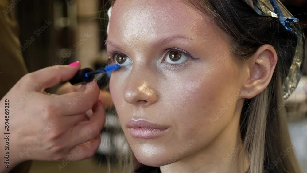 Makeup artist applies cosmetics to face of young woman in beauty salon Makeup artist applies cosmetics to face of young woman in beauty salon