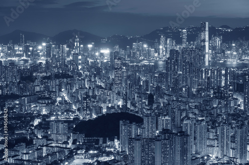 Panorama of aerial view of Hong Kong city at night