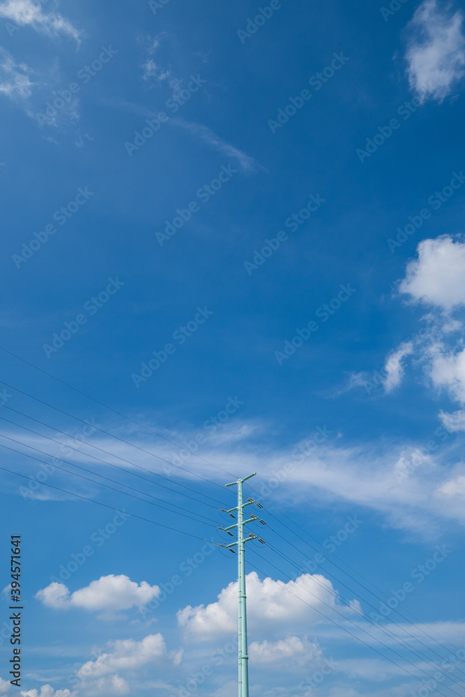 Cloudy blue clear sky with cable wire stand pole Cloudy blue clear sky with cable wire stand pole