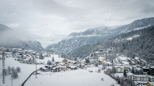 Winter aerial panoramic landscape in Valle d'Aosta. Italy. view of Antey-Saint-Andre from above