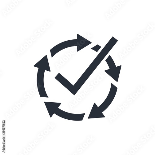Completed multi-step procedure. Workflow process.  Check mark and rotating arrows. Vector icon illustration isolated on white background.