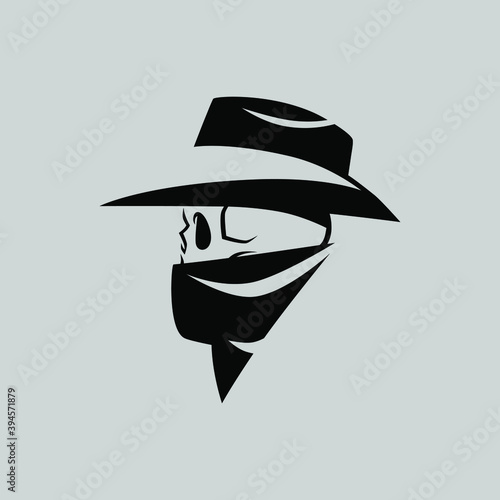 Cowboy masked outlaw skull portrait symbol on gray backdrop. Design element