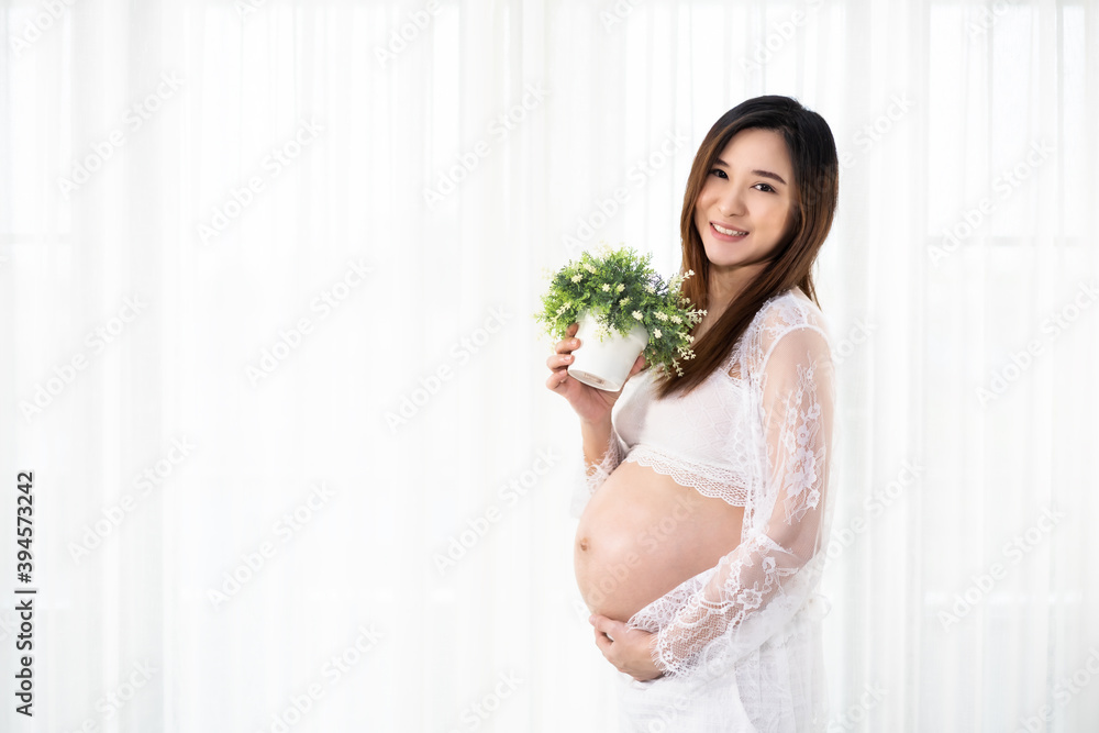 pregnant woman holding plant pot on window background pregnant woman holding plant pot on window background