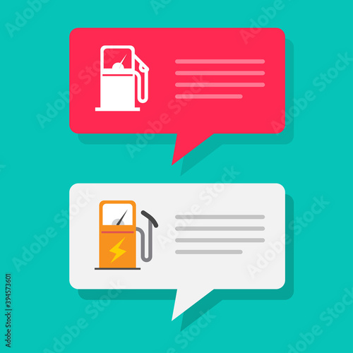 Gas petrol or fuel station charging info message notice vector, refilling information push notification icon, gasoline oil pump or electric speech bubble symbol flat cartoon isolated