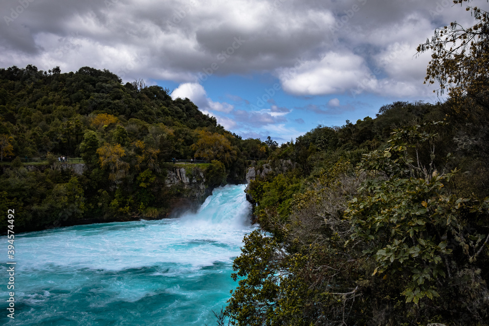 New Zealand's Huka Falls on a cloudy day