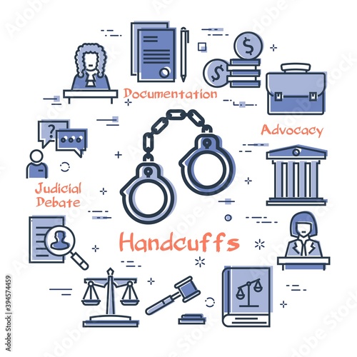 Vector line banner of legal proceedings - handcuffs icon