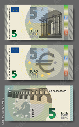 Set of new paper money in the style of the European Union. Gray 5 euro banknote with architectural arches and bridges. EPS10