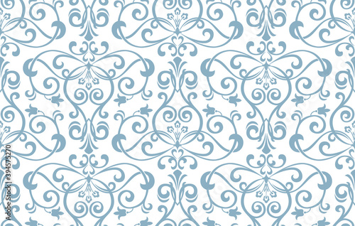 Wallpaper in the style of Baroque. Seamless vector background. White and blue floral ornament. Graphic pattern for fabric, wallpaper, packaging. Ornate Damask flower ornament