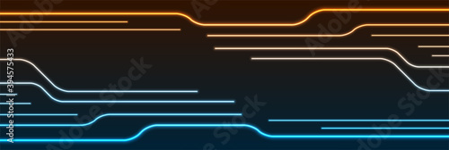 Glowing blue orange neon circuit board lines abstract banner design. Technology vector background