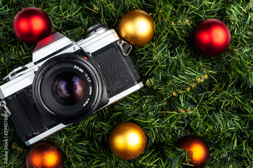 camera on a christmas background 