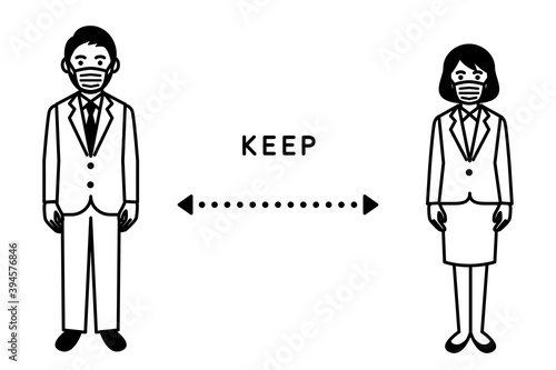 Social distancing, Man and woman keep a distance. Vector illustration.
