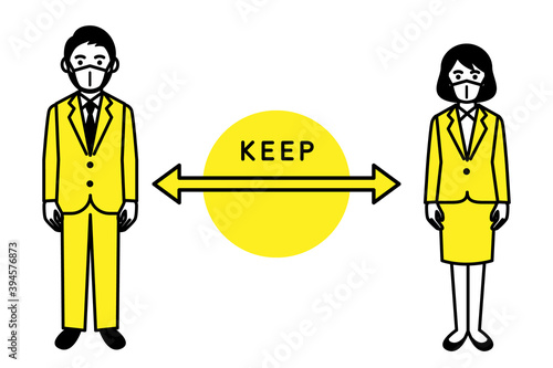Social distancing, Man and woman keep a distance. Vector illustration.