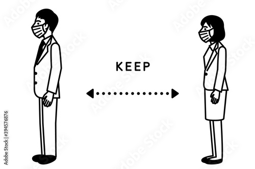 Social distancing, Man and woman keep a distance. Vector illustration.