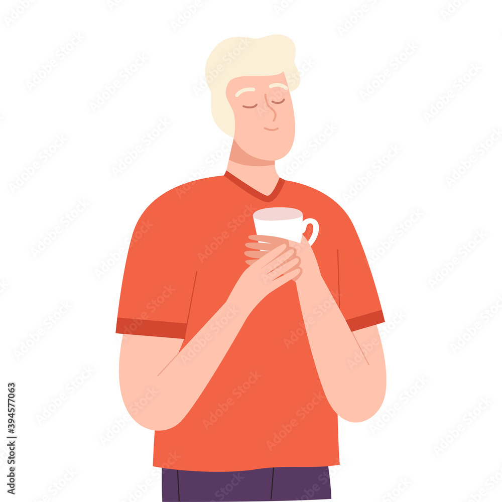 Relaxed Man with Cup of Tea Dreaming about Something, People Imagination Concept Cartoon Style Vector Illustration Relaxed Man with Cup of Tea Dreaming about Something, People Imagination Concept Cartoon Style Vector Illustration