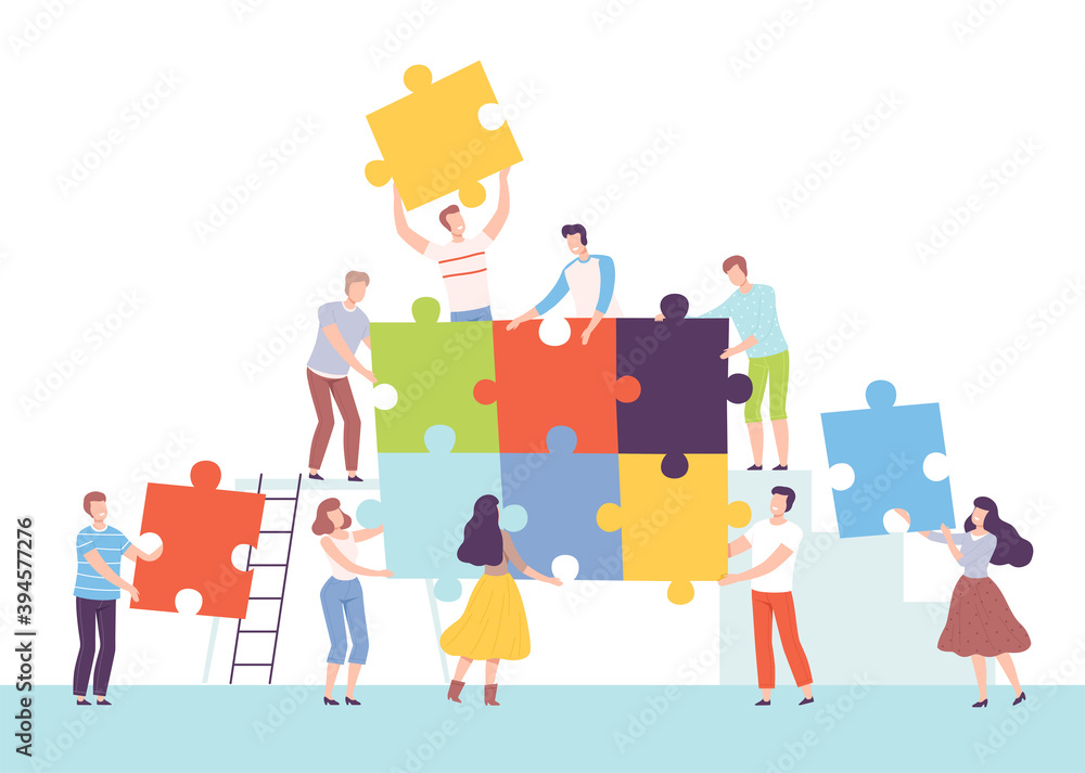Group of People Connecting Puzzle Elements, Business Team Assembling Puzzle, Solving Difficult Problem, Teamwork, Cooperation Concept Cartoon Style Vector Illustration Group of People Connecting Puzzle Elements, Business Team Assembling Puzzle, Solving Difficult Problem, Teamwork, Cooperation Concept Cartoon Style Vector Illustration