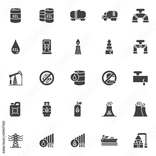 Gas and oil industry vector icons set, modern solid symbol collection, filled style pictogram pack. Signs, logo illustration. Set includes icons as derrick rig, crude oil barrel price, gasoline tank