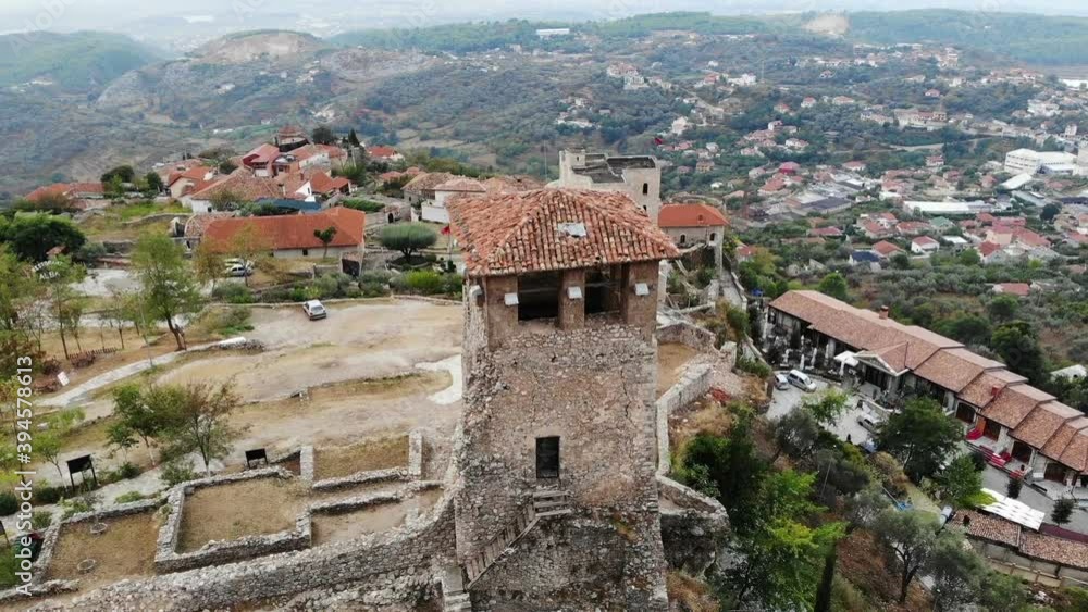 ancient historical ruins, old tower in the archelogical city, Kruje, Albania, arial shot from drone ancient historical ruins, old tower in the archelogical city, Kruje, Albania, arial shot from drone