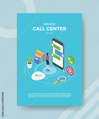 business call center women standing front smartphone around book stack shield arrow target board for template of banners, flyer, books cover, magazines with liquid shape