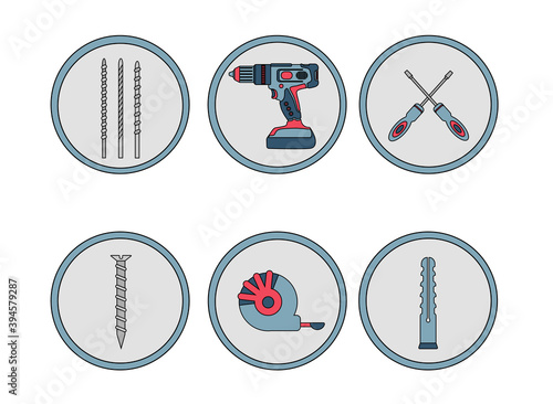 A set of icons from construction tools. Pins. Drilling machine, drill, screwdriver, self-tapping screw, dowel, tape measure. Power tools, hammer drill. Red, blue and gray.