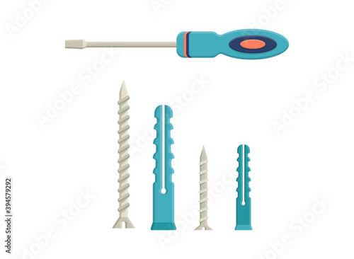 A set of screws and dowels isolated on a white background. Flat style. The fixing element, screwdriver