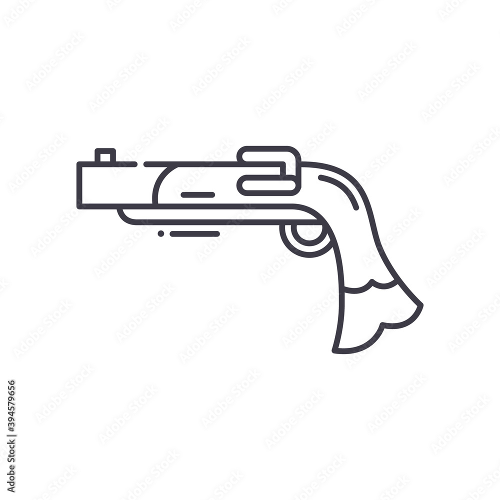 Pirate gun icon, linear isolated illustration, thin line vector, web design sign, outline concept symbol with editable stroke on white background. Pirate gun icon, linear isolated illustration, thin line vector, web design sign, outline concept symbol with editable stroke on white background.