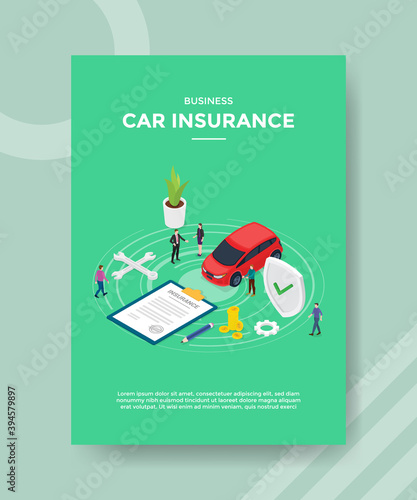 business car insurance people standing around car policy insurance toolkit shield money for template of banners, flyer, books cover, magazines