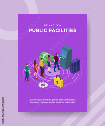 technology public facilities people standing waiting in line front atm machine for template of banners, flyer, books cover, magazines