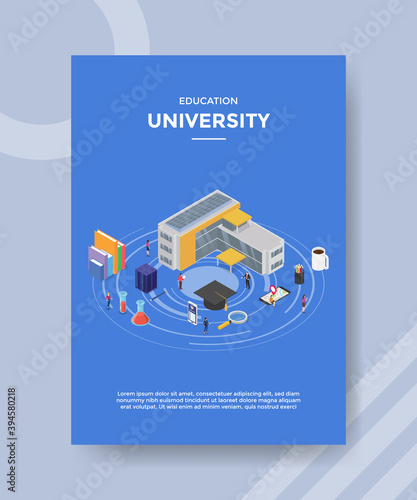 education university people standing around building book stack server hat toga glass chemistry for template of banners, flyer, books cover, magazines